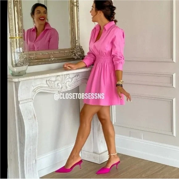 Zara collard v neck pink mini dress — smocked waist long sleeves skater dress - Picture 5 of 15